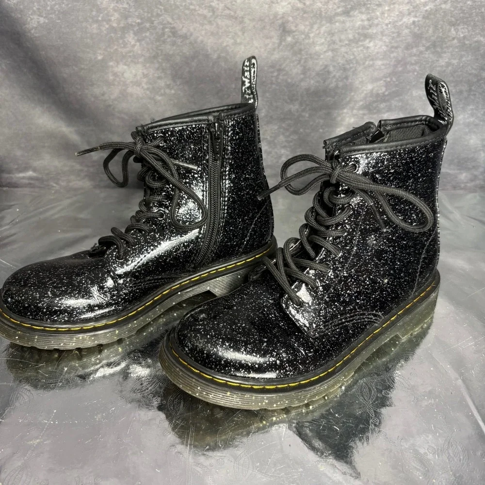 Dr Martens 1460J Girls 3 Black Glitter Leather Lace Up Zip Ankle Combat Boots